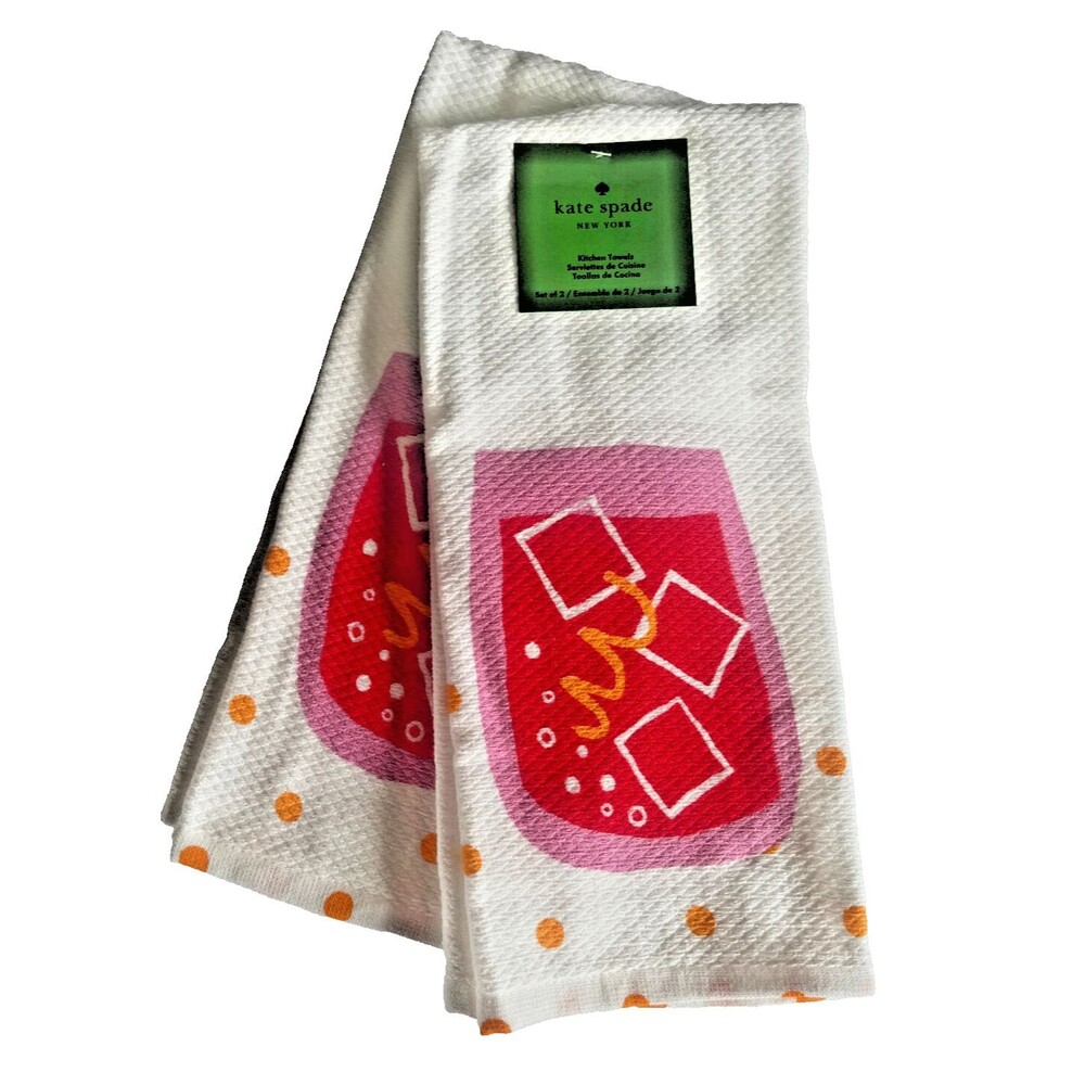 Kate Spade Kitchen Dish Towels Set of 2 Rum Punch Drink 100% Cotton White